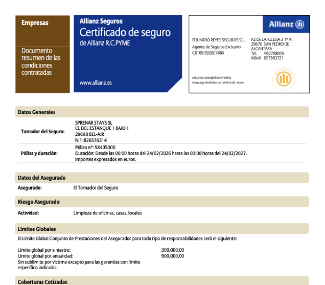 Certificado de seguro Allianz de Sprenar Stays, S.L. Abrir el documento de la póliza.