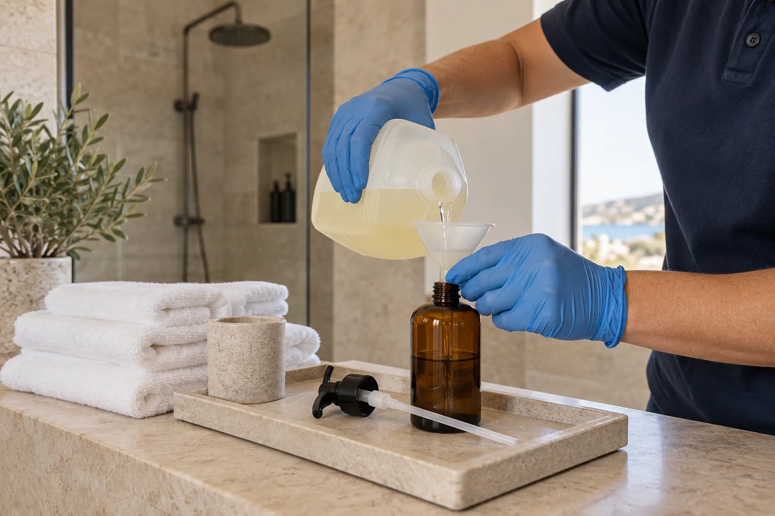 Una empleada de limpieza reponiendo con cuidado los suministros del baño