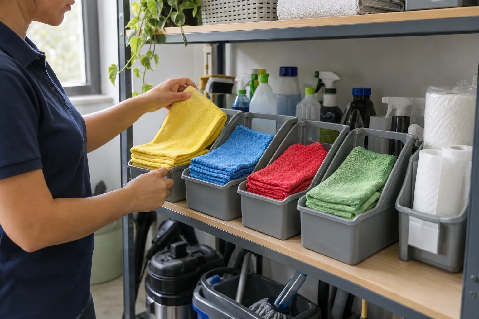 Bayetas separadas: amarilla de cocina, azul de baño, roja de suciedad intensa y verde de uso general, con papel desechable