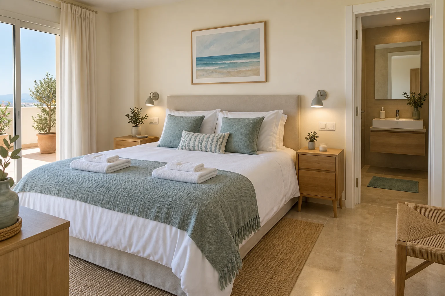 Un dormitorio con ropa de cama blanca recién puesta