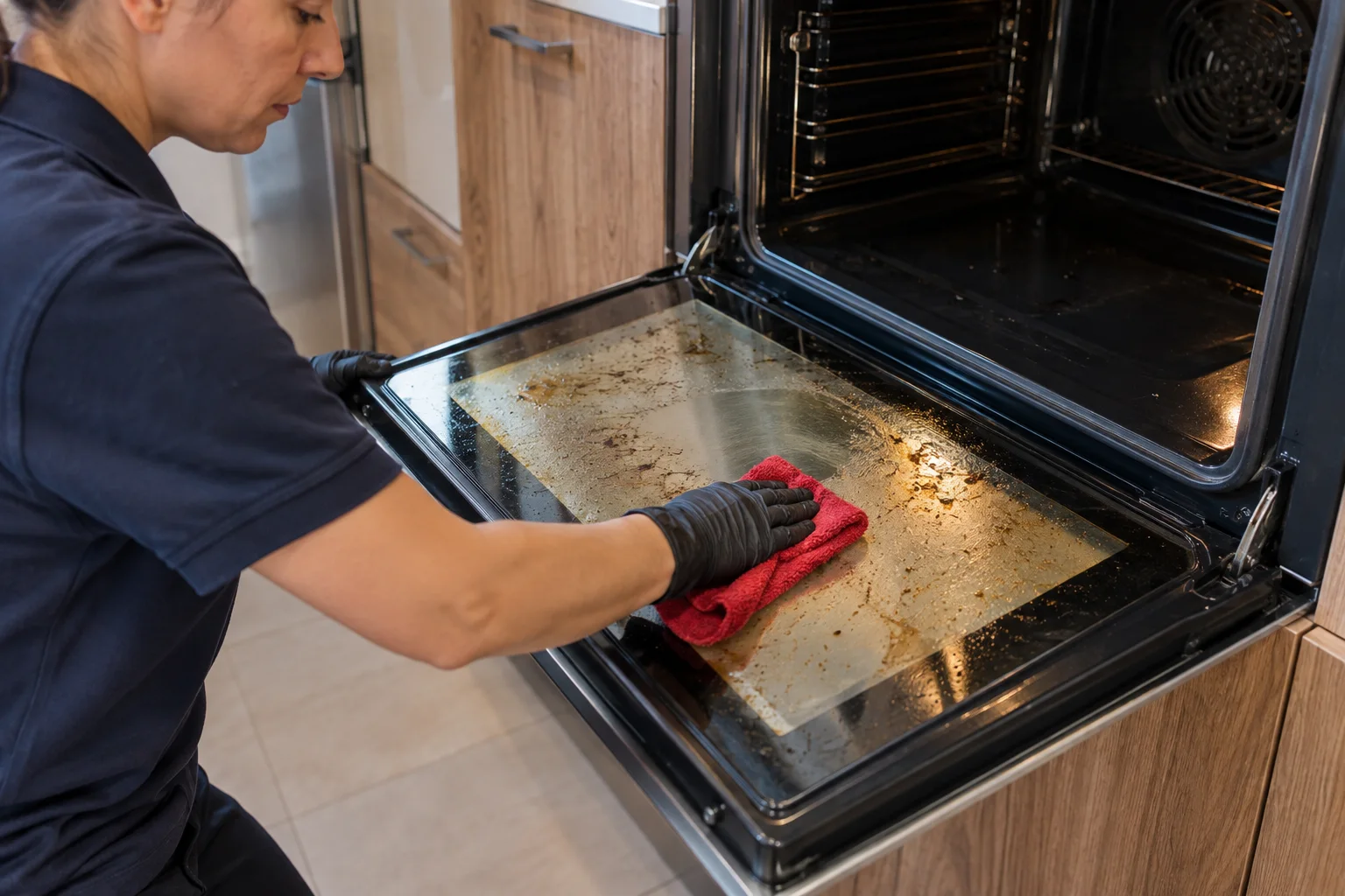 Una empleada de limpieza usando un paño rojo para quitar grasa de la puerta de un horno frío