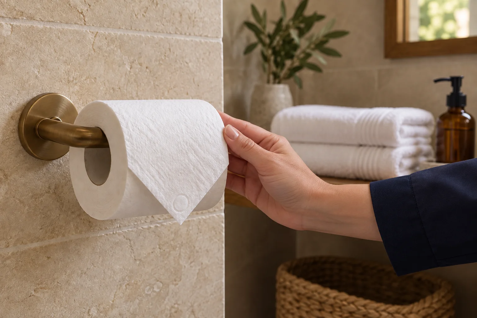Una empleada de limpieza doblando el papel higiénico en triángulo con un sello discreto en la punta, junto a toallas dobladas