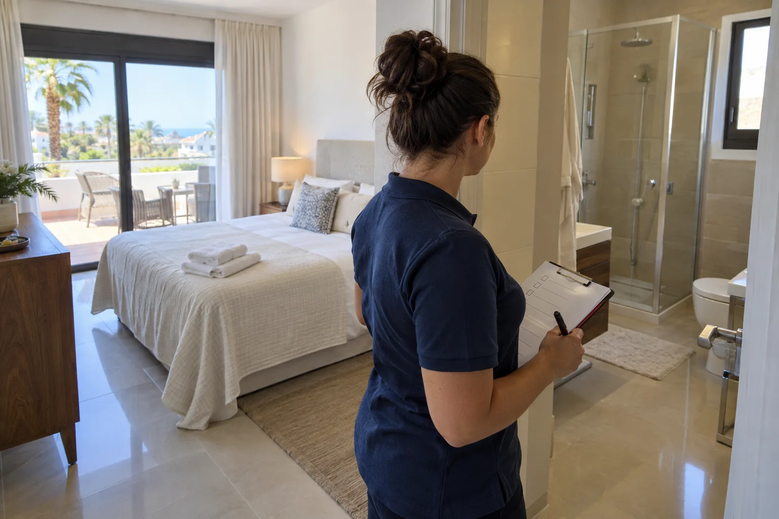 Una empleada de limpieza revisando el checklist final de la habitación antes de que lleguen los huéspedes