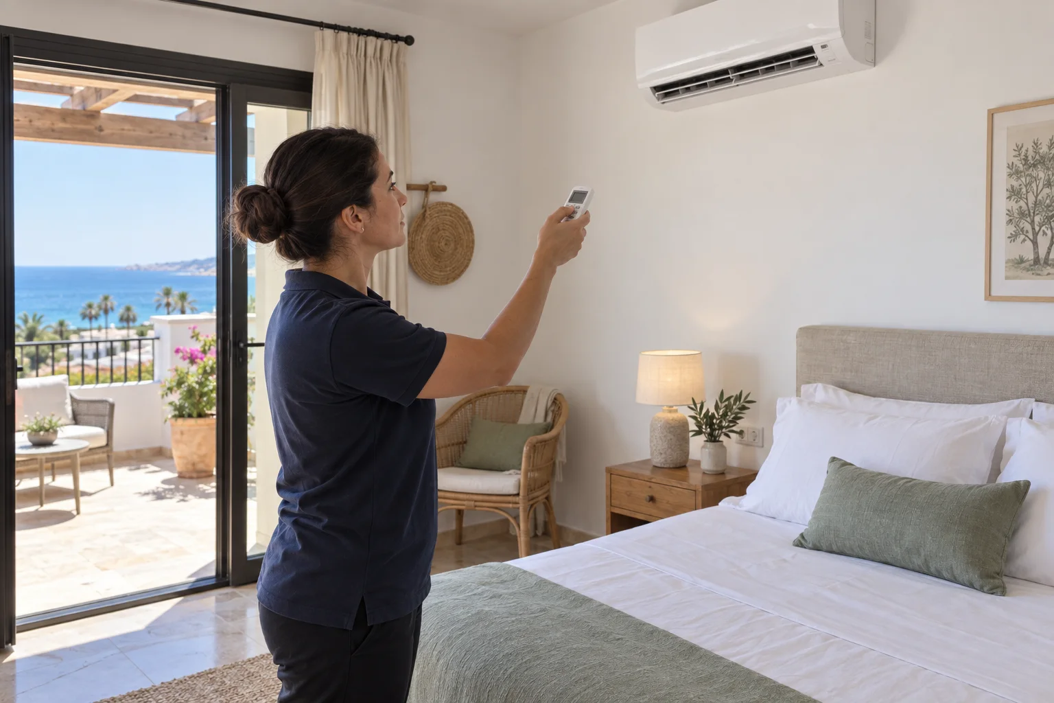Una empleada de limpieza probando el aire acondicionado de un dormitorio de alquiler con su mando