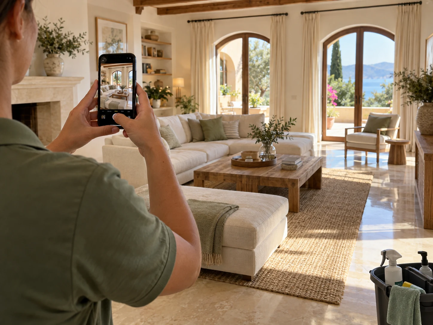 A cleaner photographing a finished living room for the property owner