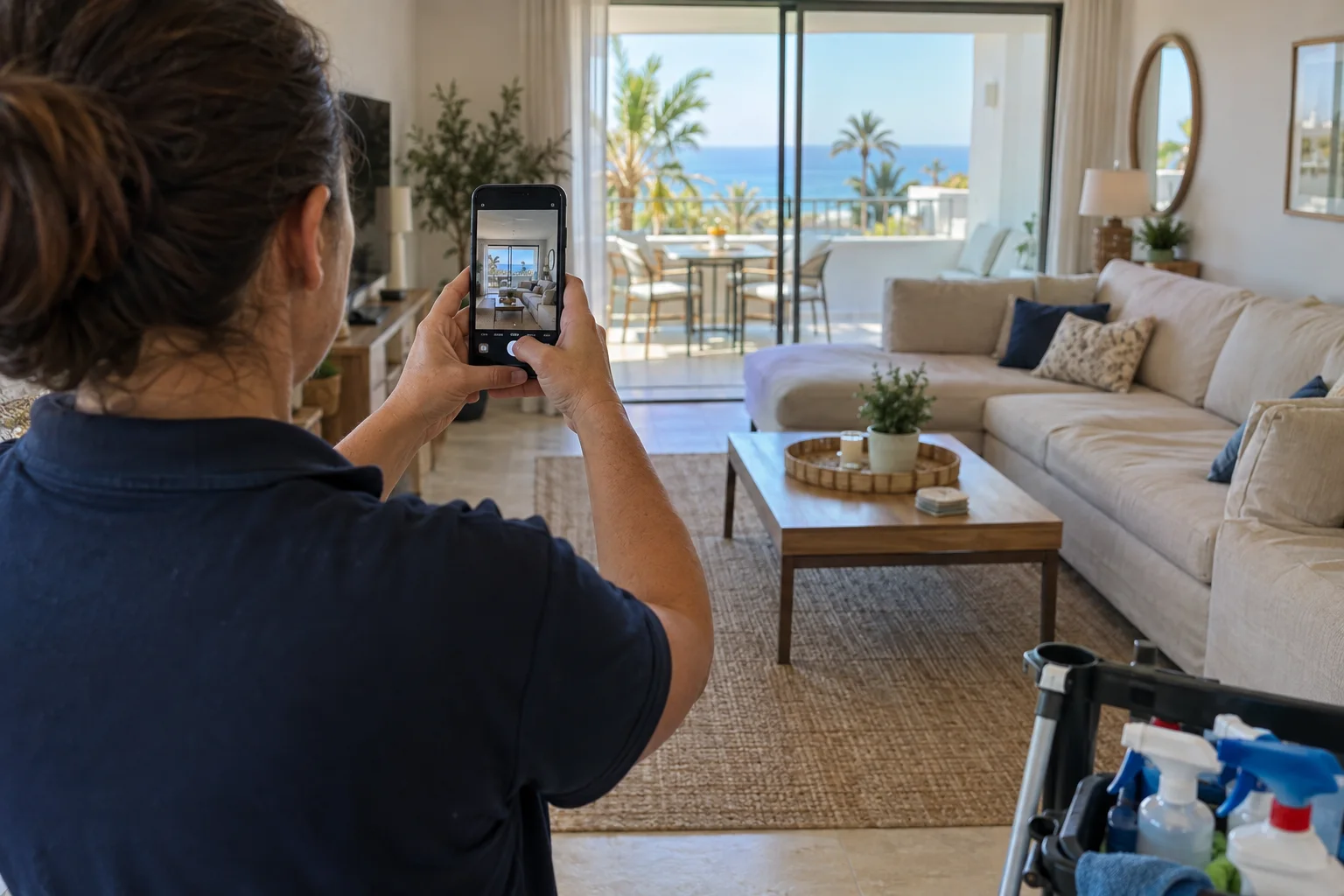 Una empleada de limpieza haciendo las fotos de la habitación que se envían tras un cambio de huéspedes