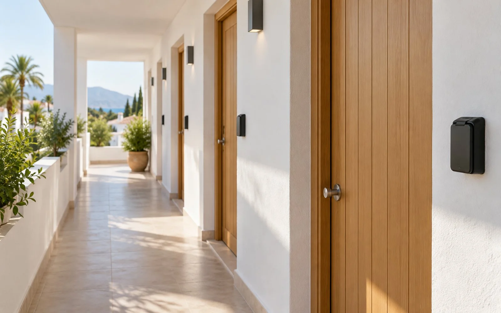 Una hilera de puertas de apartamento con acceso por teclado en un pasillo soleado de un complejo vacacional gestionado