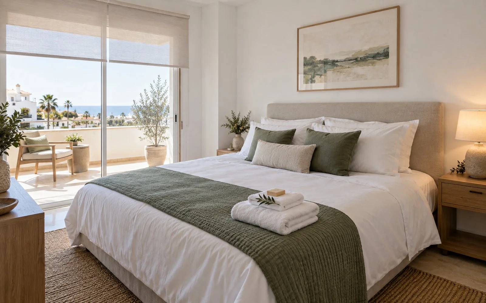 Un dormitorio de alquiler vacacional con ropa de cama fresca, toallas dobladas y vistas al mar desde la terraza