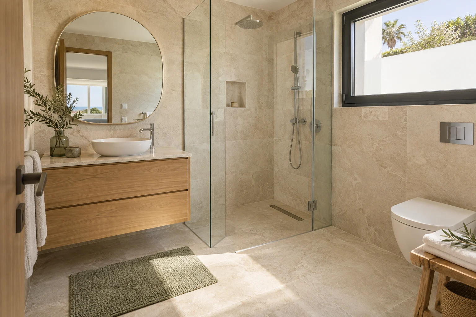 Un baño luminoso de estilo spa con cristal pulido y toallas dobladas