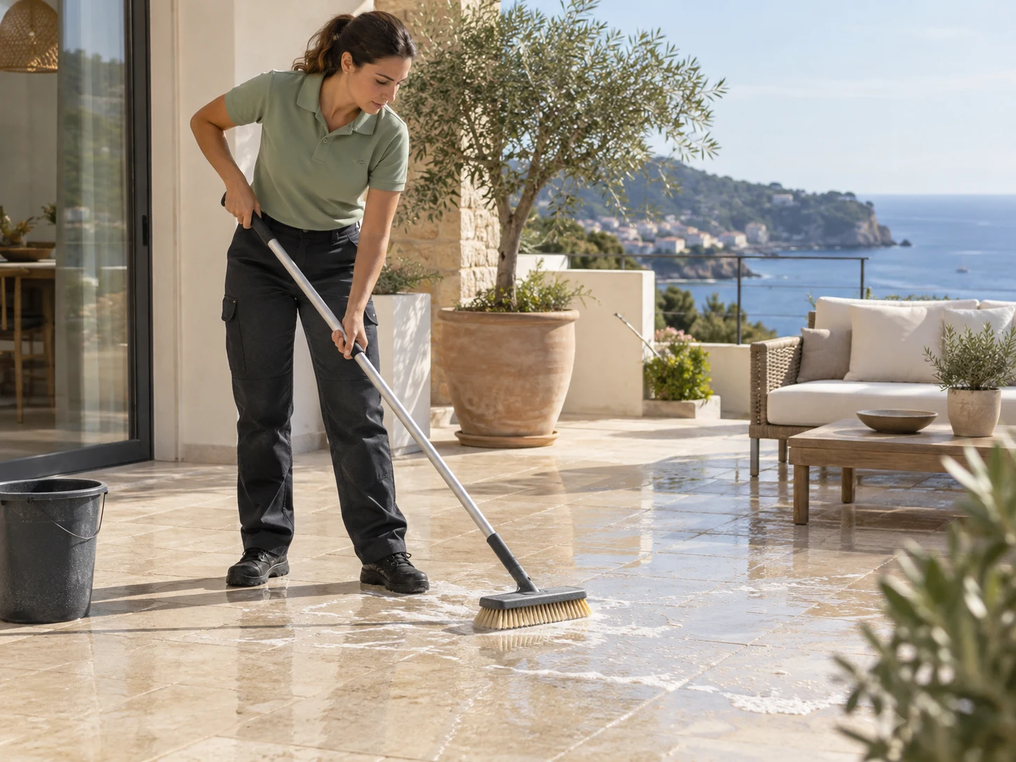 A cleaner mopping a sunlit terrace beside outdoor seating